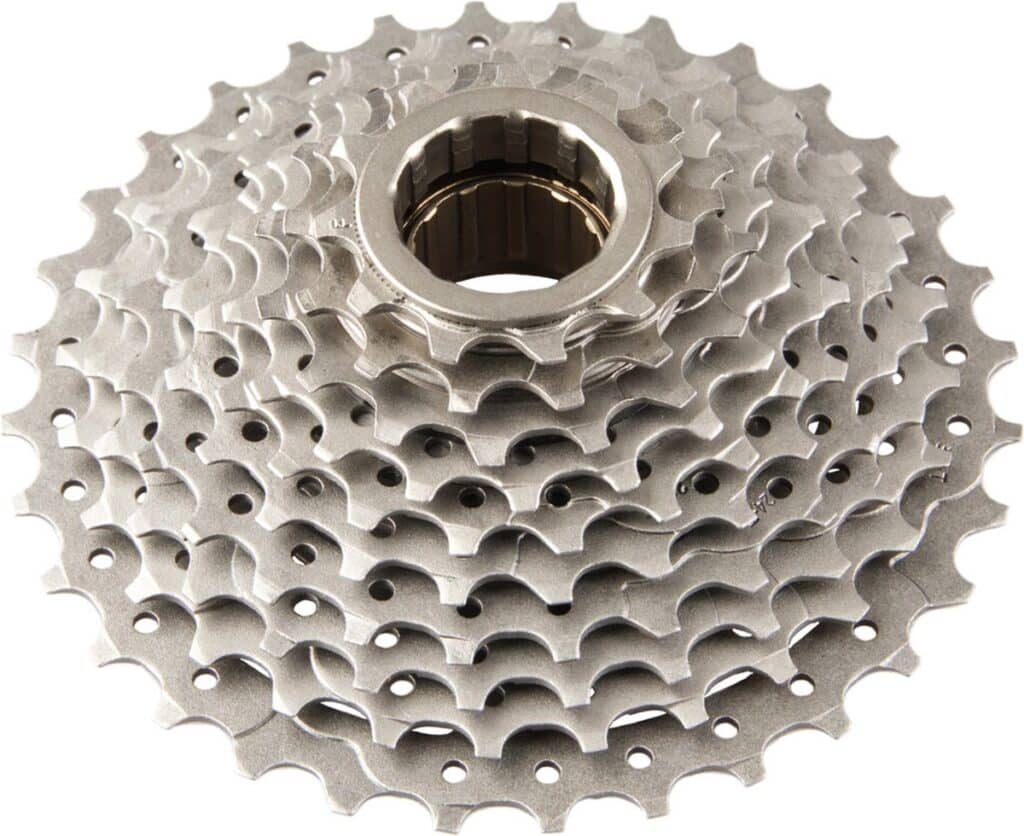 Fietscassette met tandwielen en schakelmechanisme.