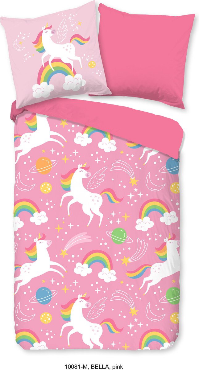 Roze eenhoorn dekbedovertrek met regenbogen en planeten