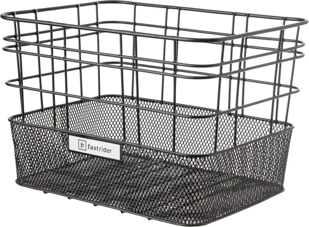 Black metal bike basket with a mesh bottom