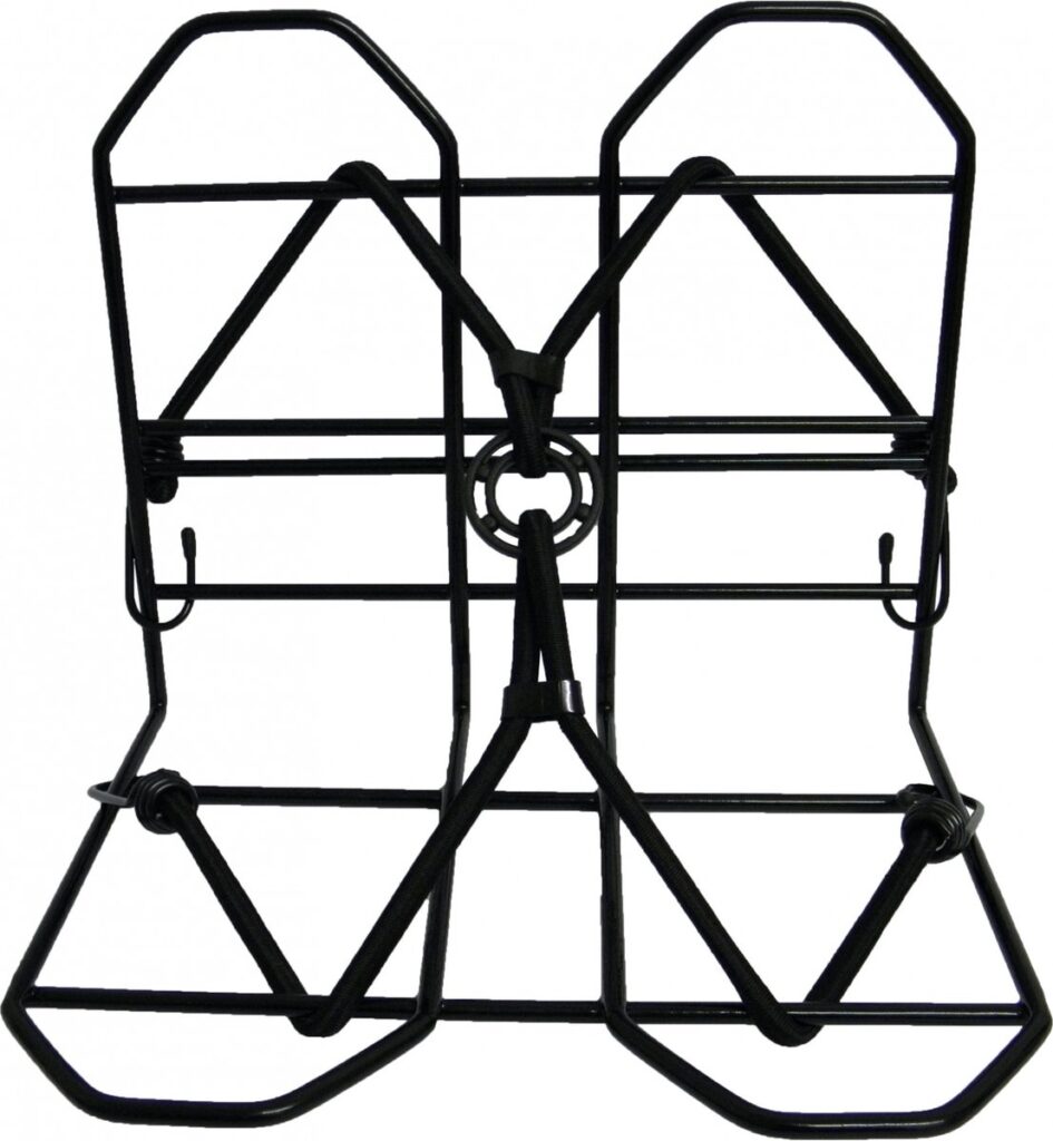 Zwarte metalen fietsstandaard met elastische banden.