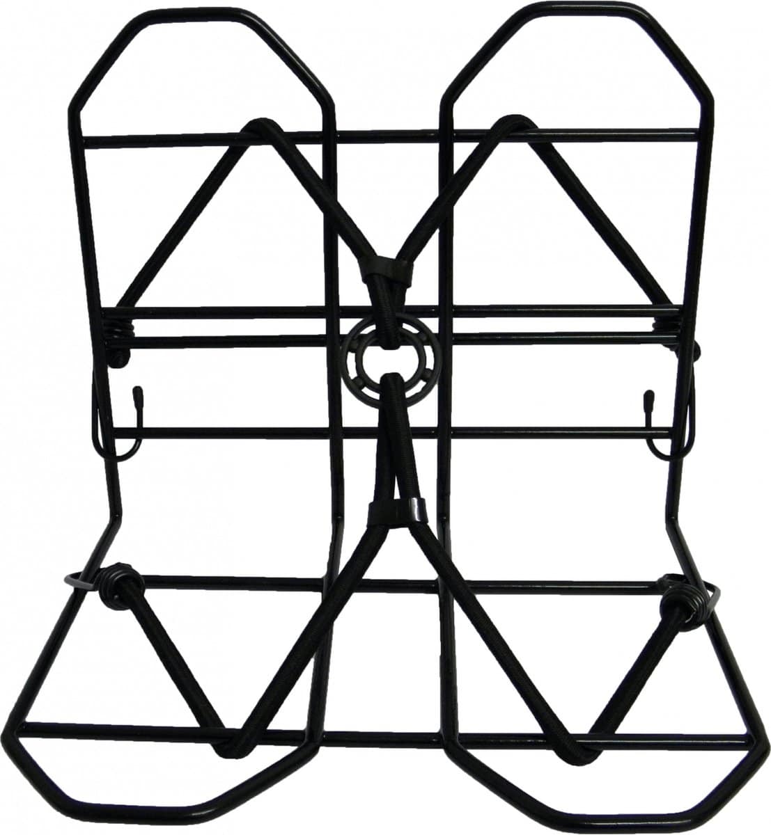 Zwarte metalen fietsstandaard met elastische banden.