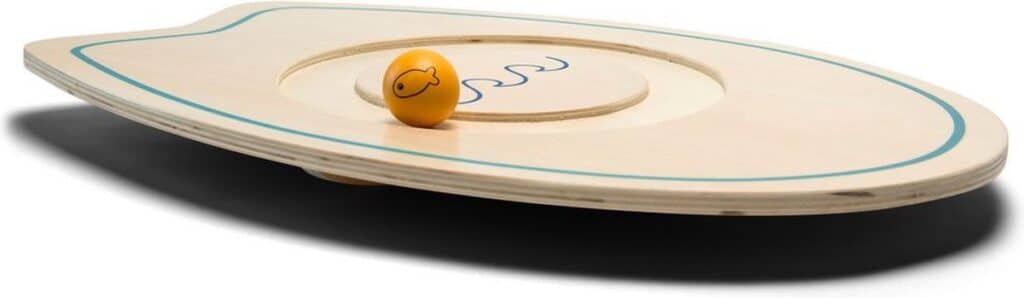 Houten balansbord met gele bal en blauwe lijnen
