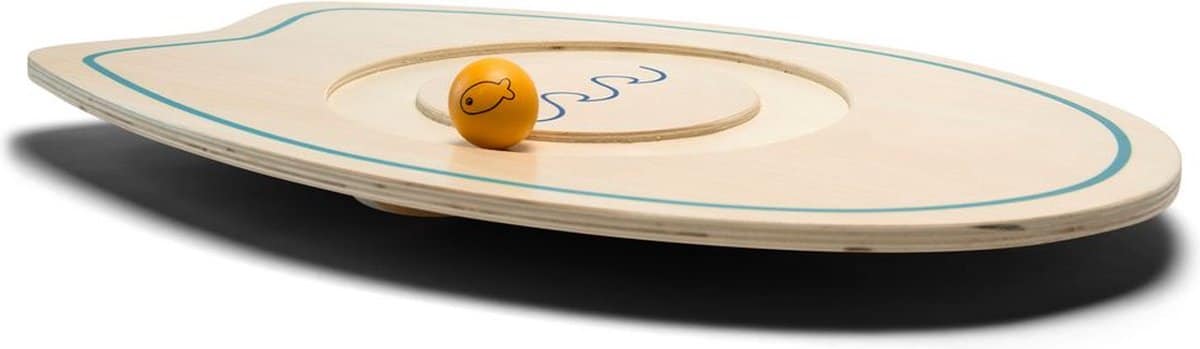 Houten balansbord met gele bal en blauwe lijnen