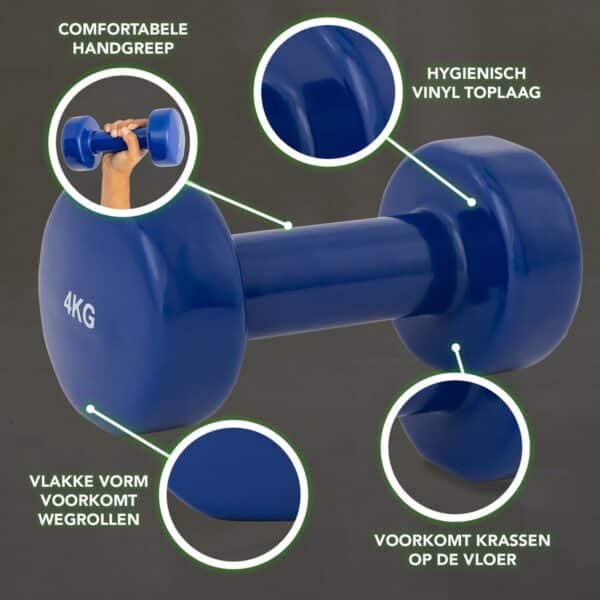 Blauwe dumbbell van 4 kg met vinyl toplaag.