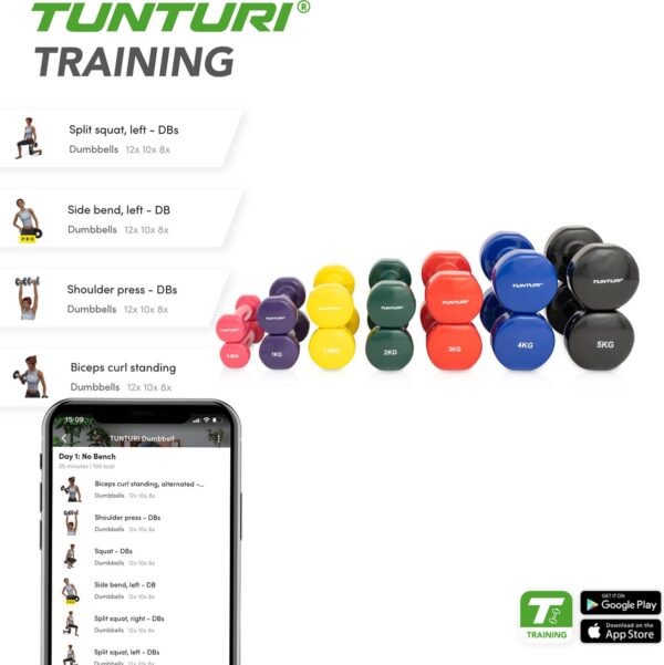 Tunturi training app met dumbbell oefeningen.