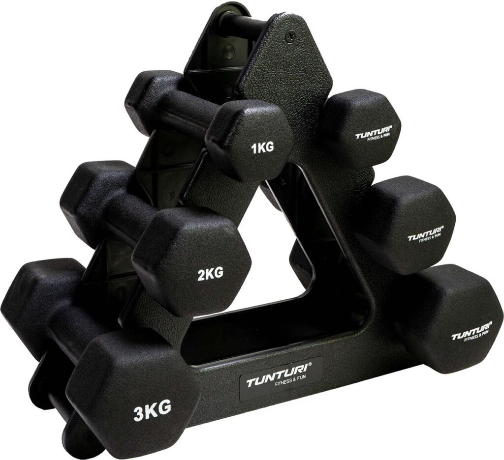 Set of hex dumbbells with a stand, various weights.