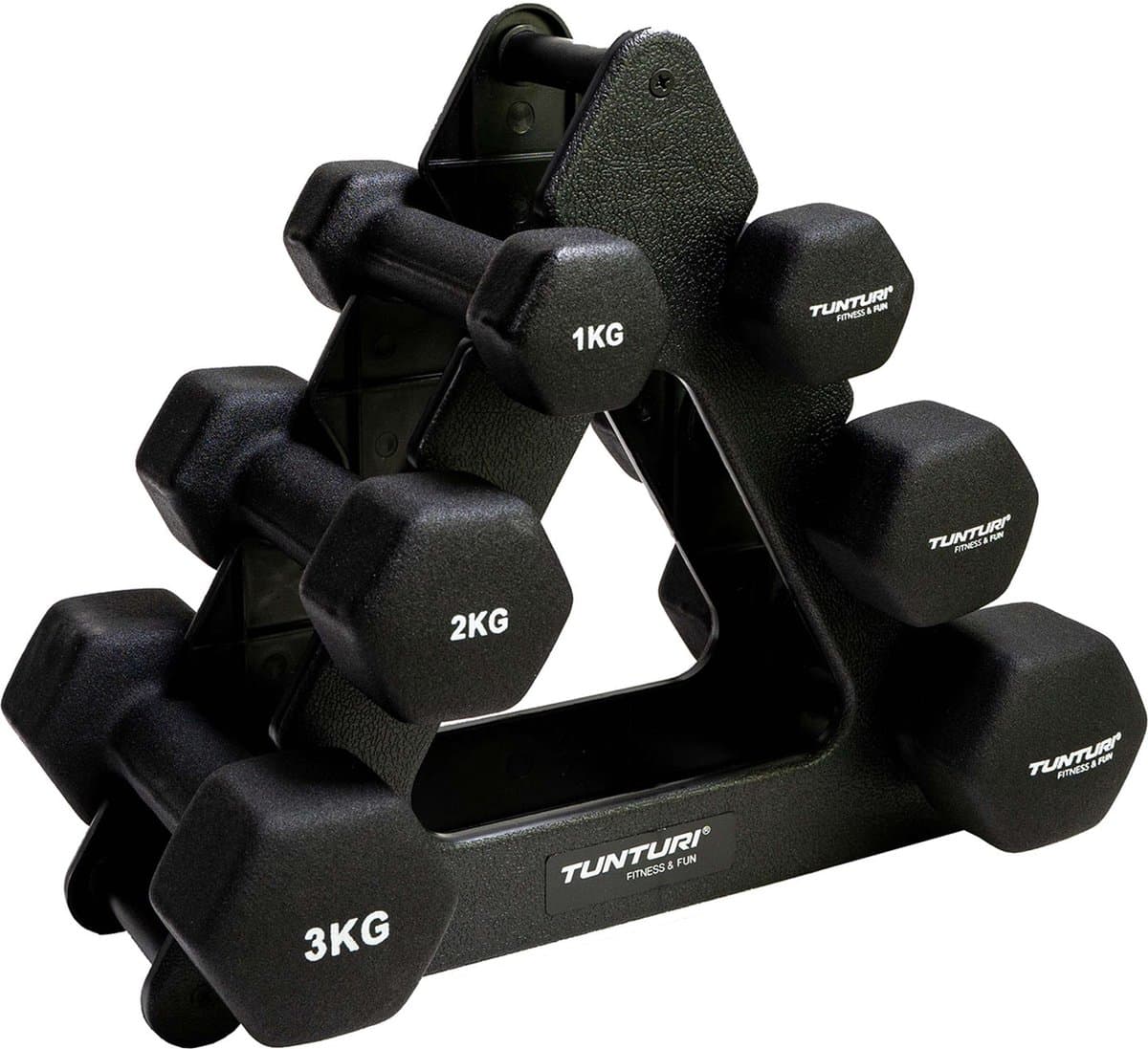 Set of hex dumbbells with a stand, various weights.