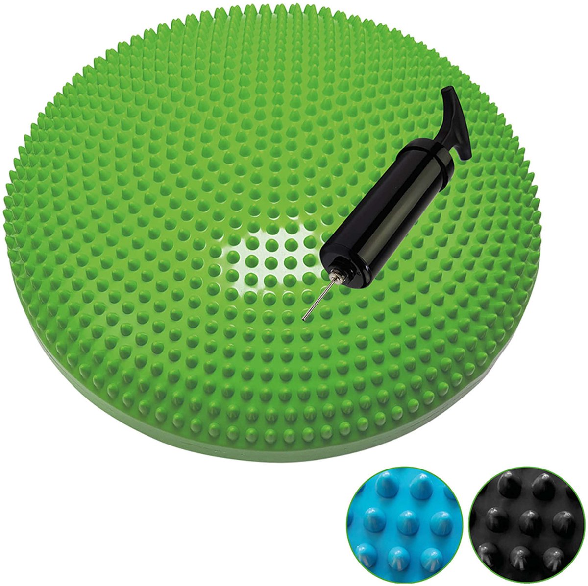 Groen evenwichtskussen met pomp en gekleurde variaties.