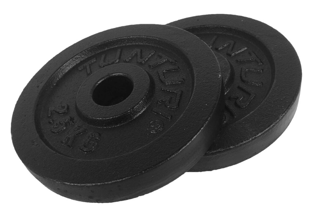 Twee zwarte gewichtsschijven van 2,5 kg.