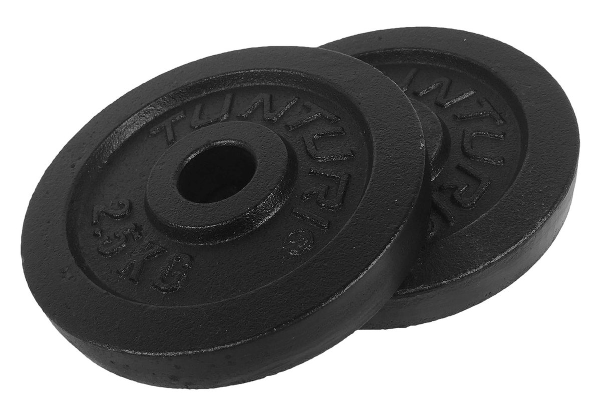 Twee zwarte gewichtsschijven van 2,5 kg.