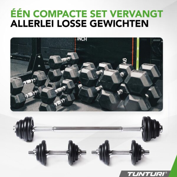 Gewichtheffen: compacte dumbbells en halters op rij.