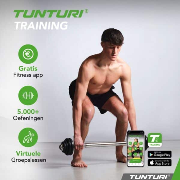 Man traint met halter en fitnessapp promotie