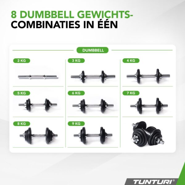 Verstelbare dumbbells in gewichten van 2 tot 9 kg.