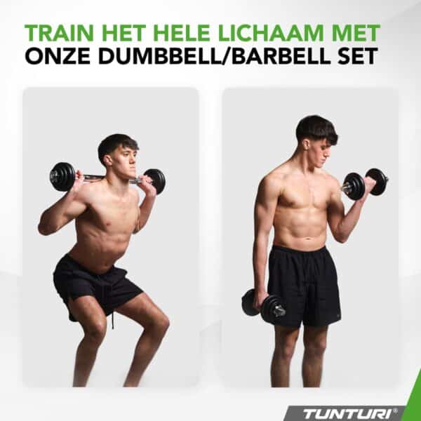 Man met dumbbells en barbells fitnessoefeningen doen.