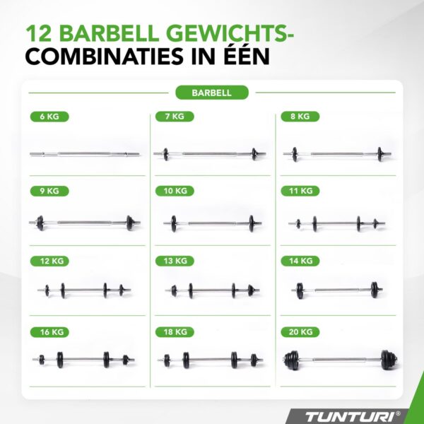 Verschillende barbell gewichtscombinaties voor fitness.