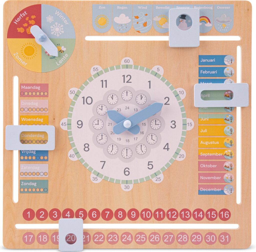 Houten leerklok met seizoenen, dagen en maanden.