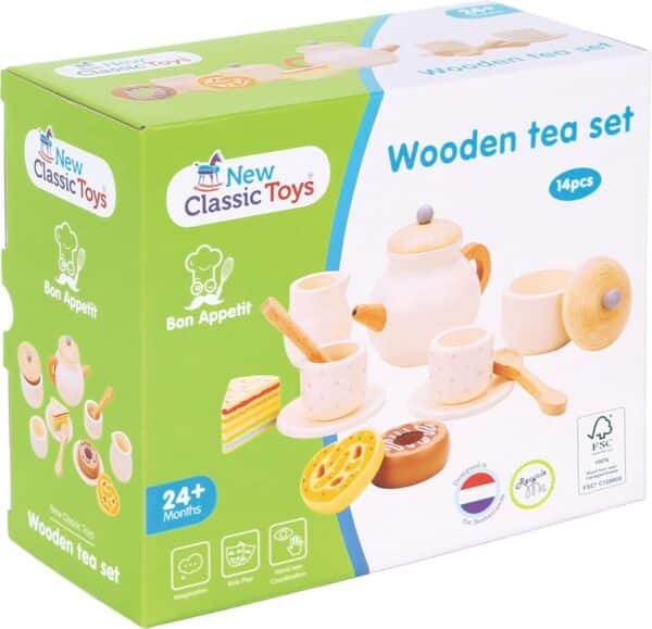 Houten theeservies speelgoedset voor kinderen.