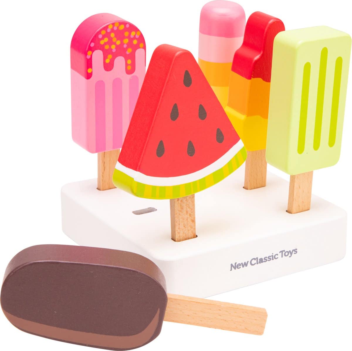 Wooden toy ice creams on a stand, colorful and playful.
