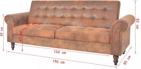 Bruine bank met afmetingen in centimeters.