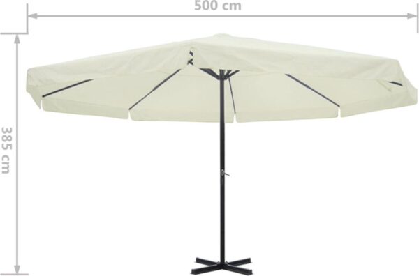 Grote witte parasol, 500 cm breed, 385 cm hoog.