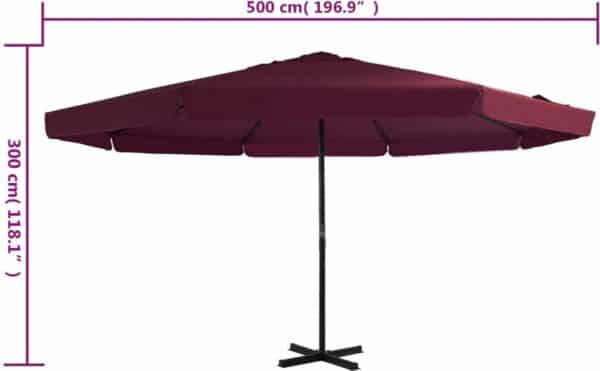 Ronde parasol met afmetingen 500x300 cm, bordeauxrood.