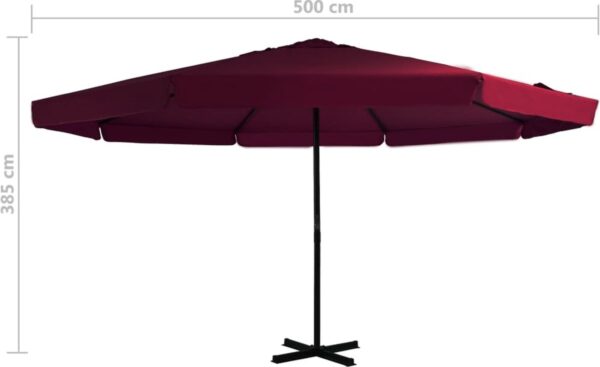 Grote rode parasol, 500x385 cm, zijaanzicht.