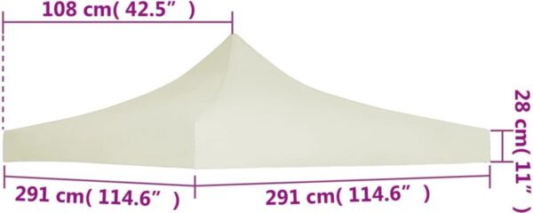 Tentje met afmetingen in centimeters en inches.