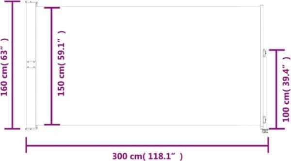 Afmetingen van het uitrolbare scherm in centimeters en inches.