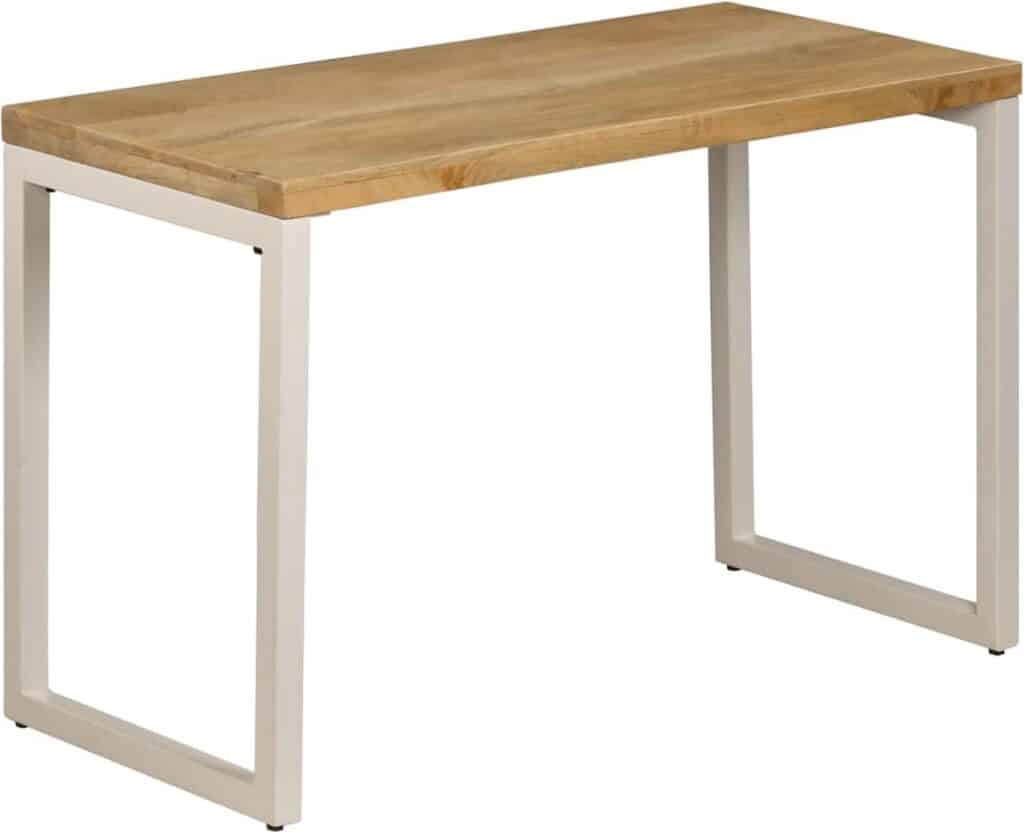 Wooden desk with metal legs.