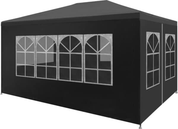 Zwarte partytent met vensters, rechthoekige vorm.