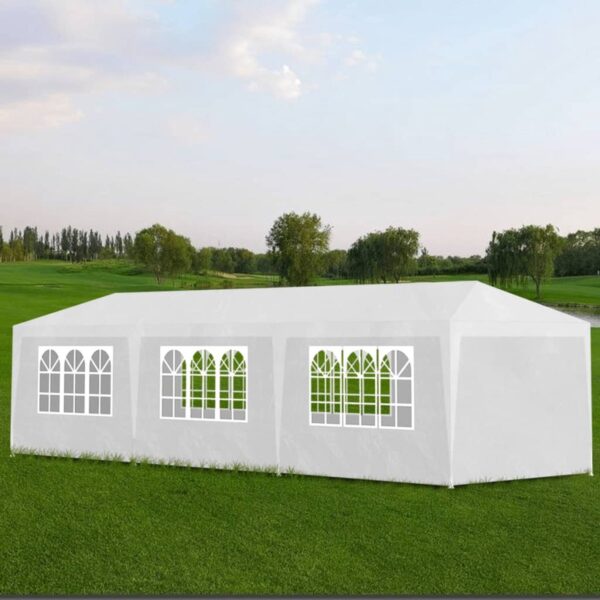 Witte partytent met ramen op groene grasveld.