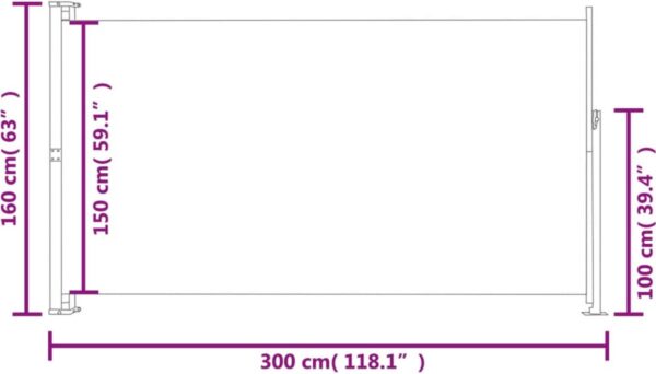 Afmetingen zijscherm: hoogte 160cm, breedte 300cm.