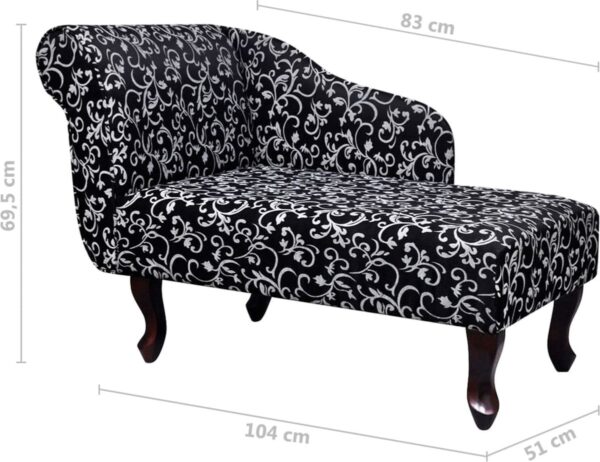 Zwart-wit chaise longue met sierlijk patroon en afmetingen.