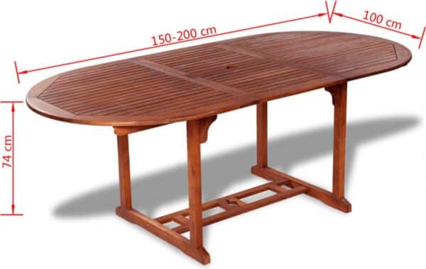 Houten uitschuifbare tuintafel, afmetingen in centimeters.