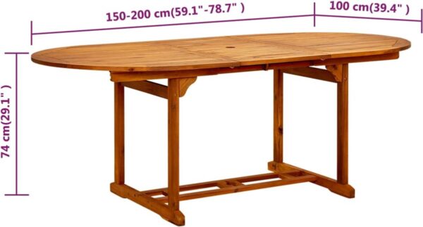 Houten eettafel met afmetingen in centimeters.