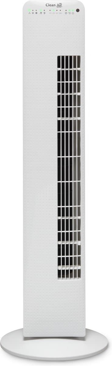 White tower fan with display and grille.