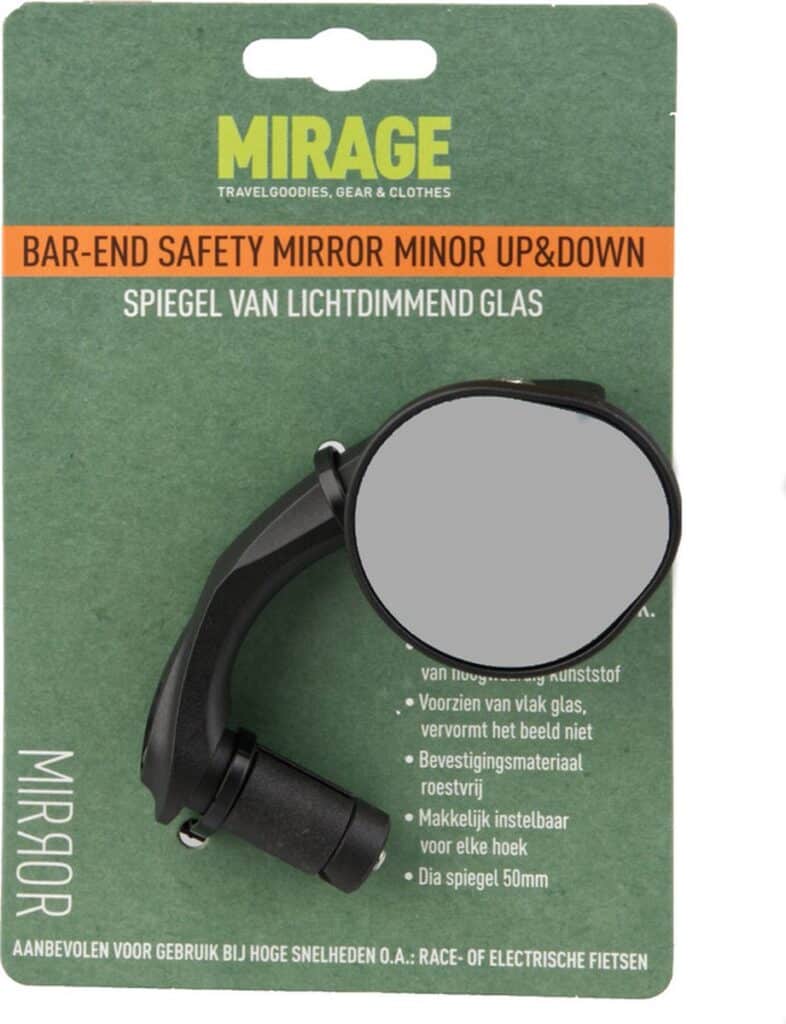 Bar-end bicycle mirrors, light-dimming glass, adjustable, stainless steel.