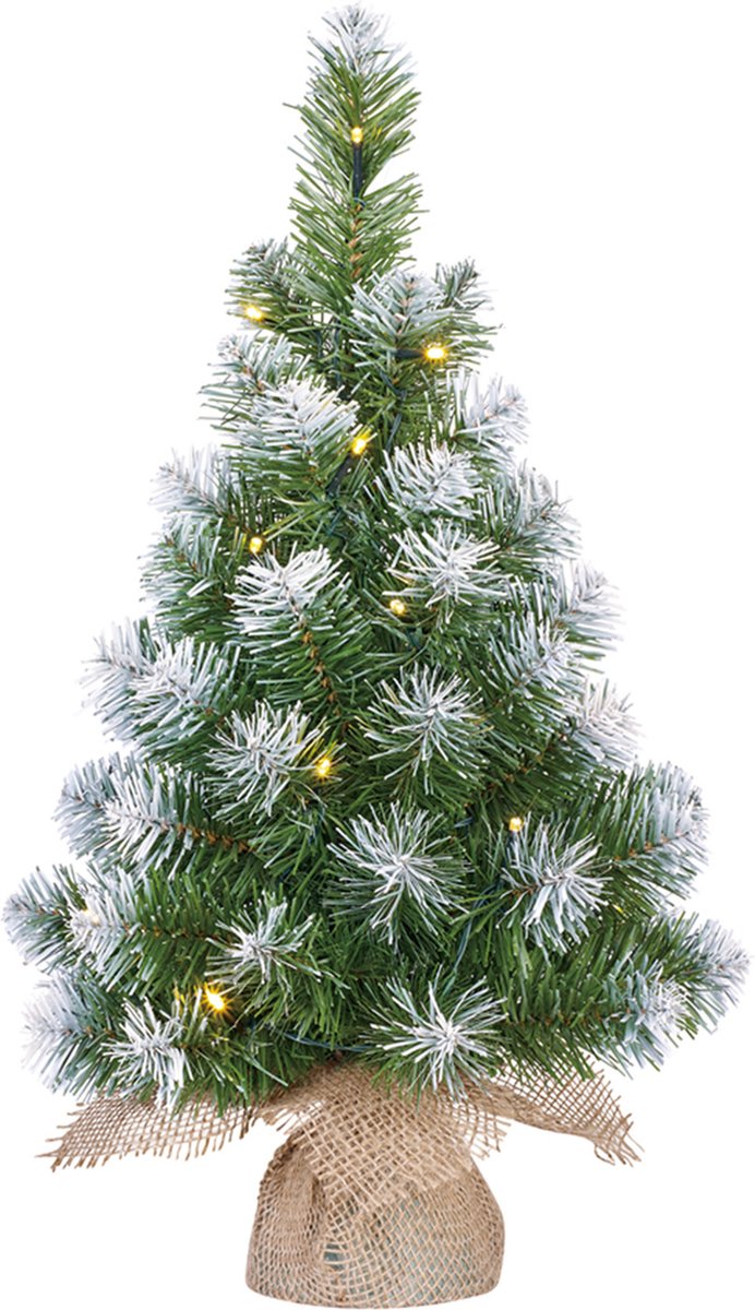 Petit sapin de Noël artificiel avec guirlandes lumineuses et décorations en forme de flocons de neige