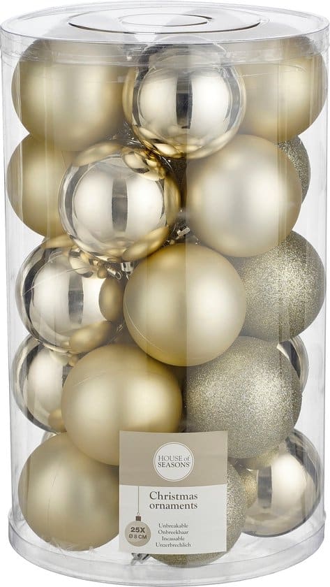 Gouden kerstballen in doorzichtige verpakking, 25 stuks.