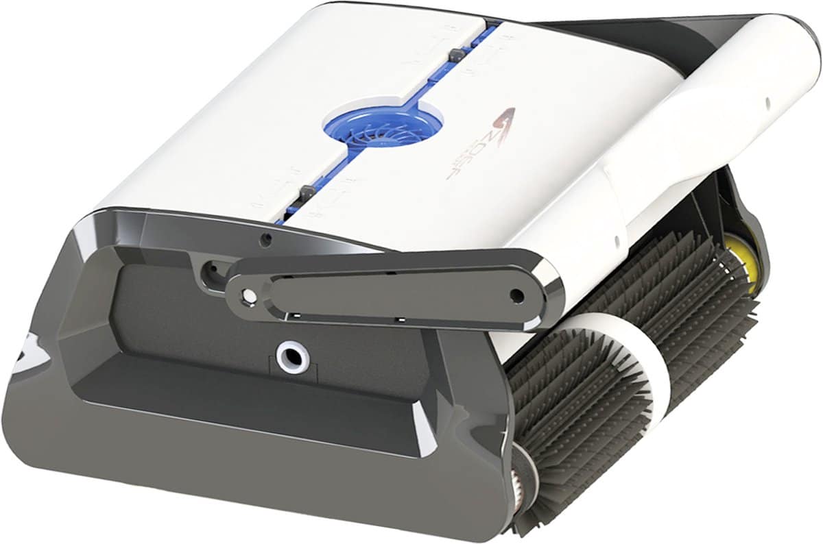 Automatische zwembadrobot met borstels, wit en zwart design.