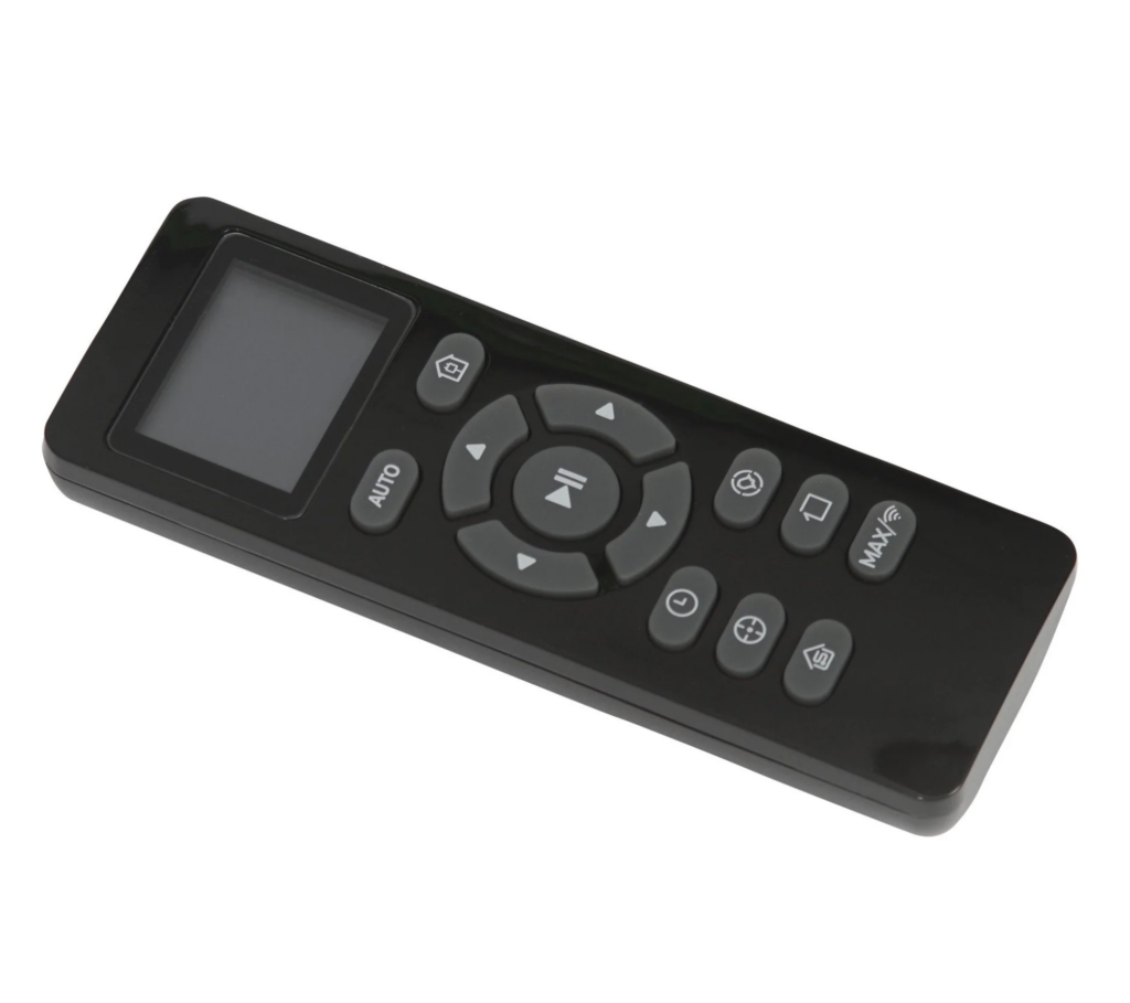 Zwarte afstandsbediening met knoppen en scherm