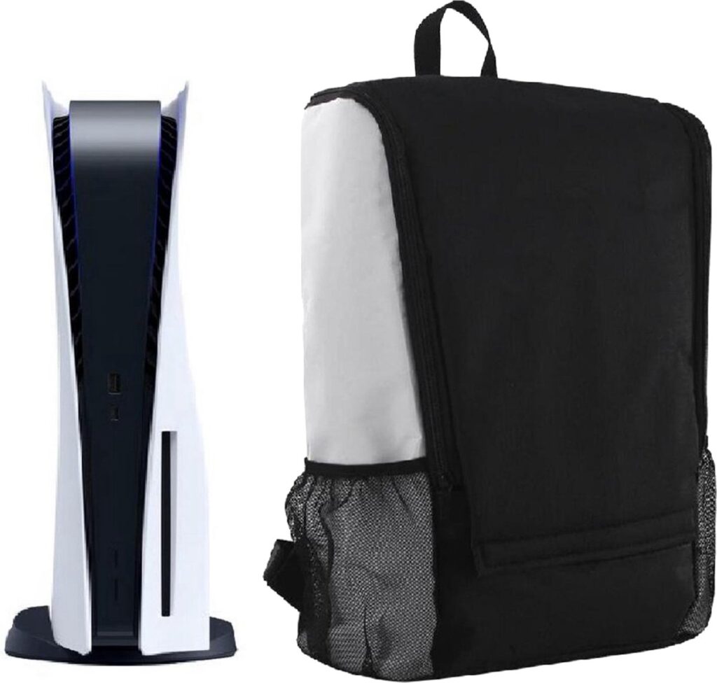 PlayStation 5 next to a black backpack
