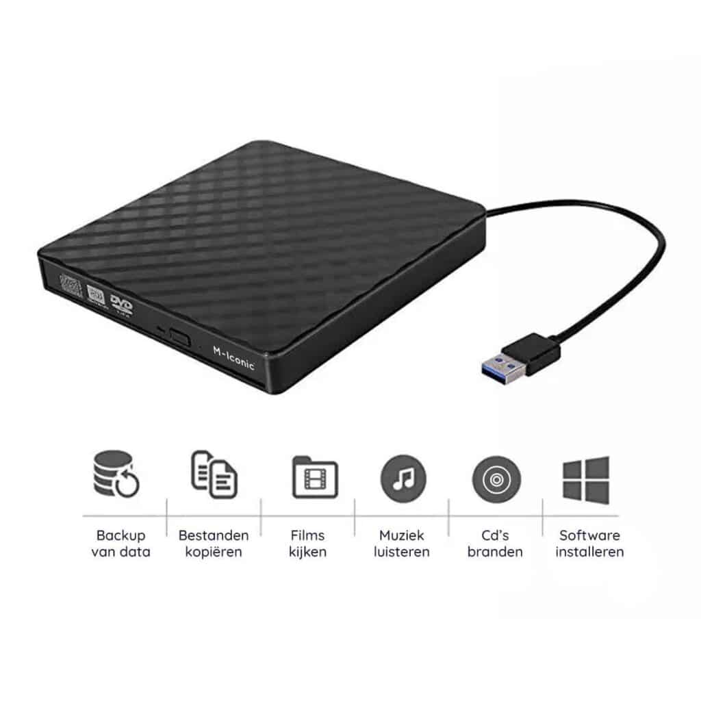 External DVD player with a USB cable for various functions.