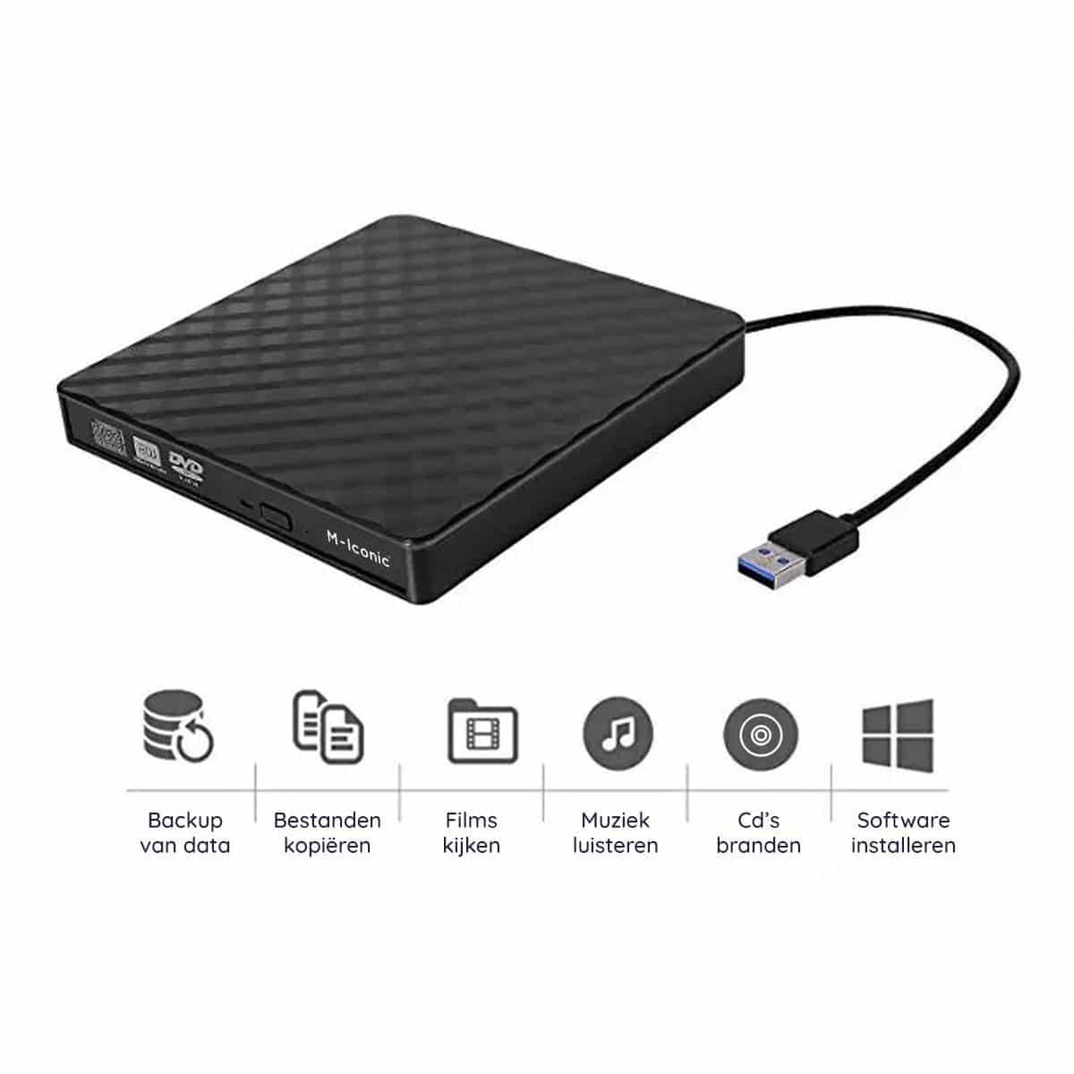 Externe DVD-speler met USB-kabel voor diverse functies.