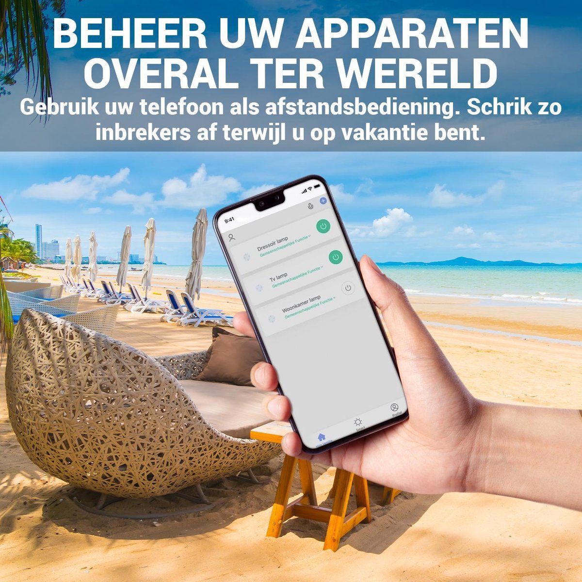 Bestuur apparaten wereldwijd met smartphone op strand.