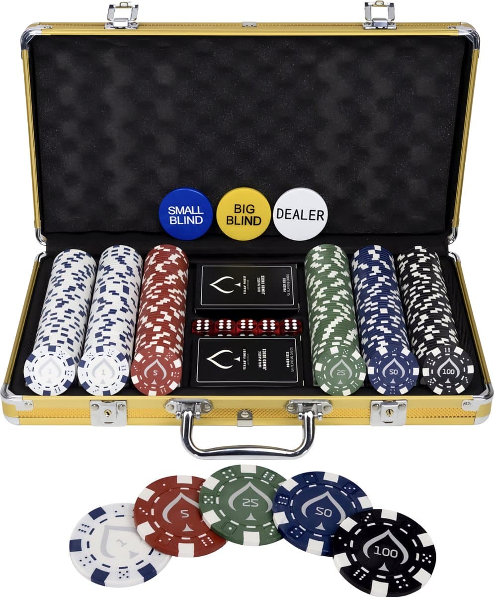 Pokerset met chips, kaarten en knoppen in koffer.