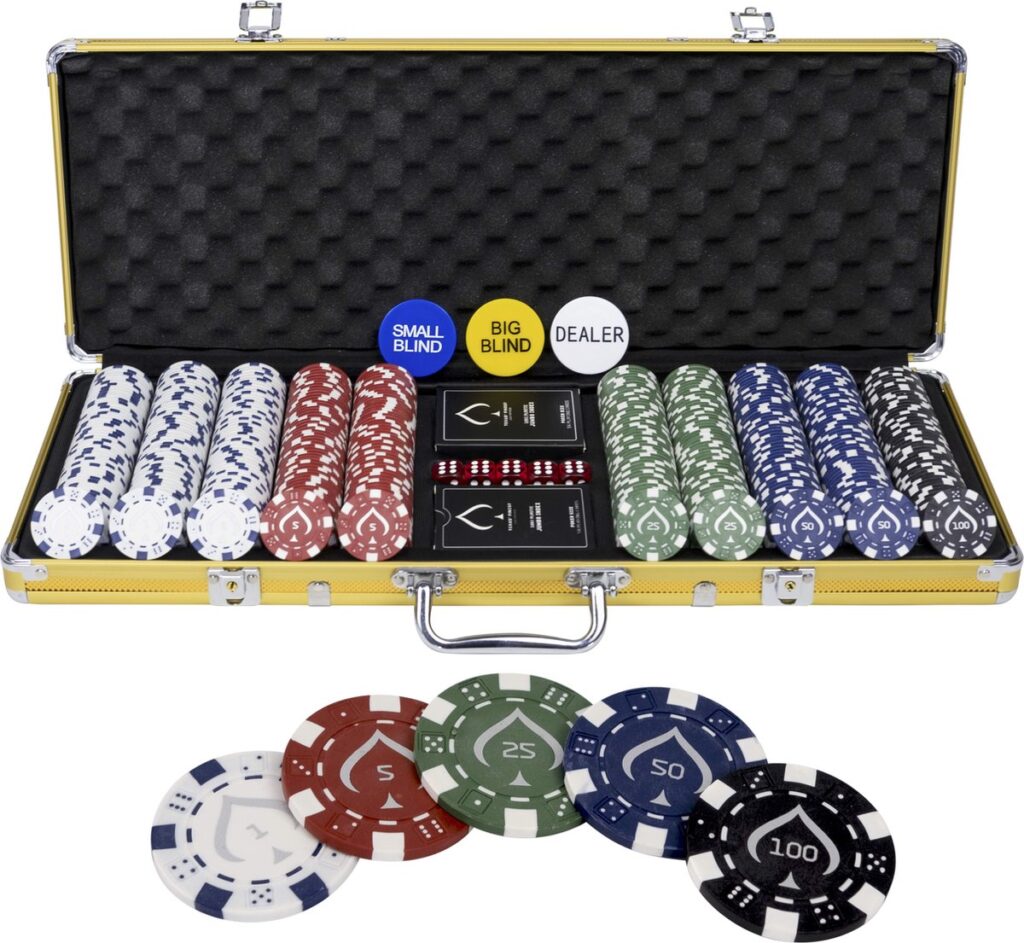 Poker set met dobbelstenen en fiches in koffer.