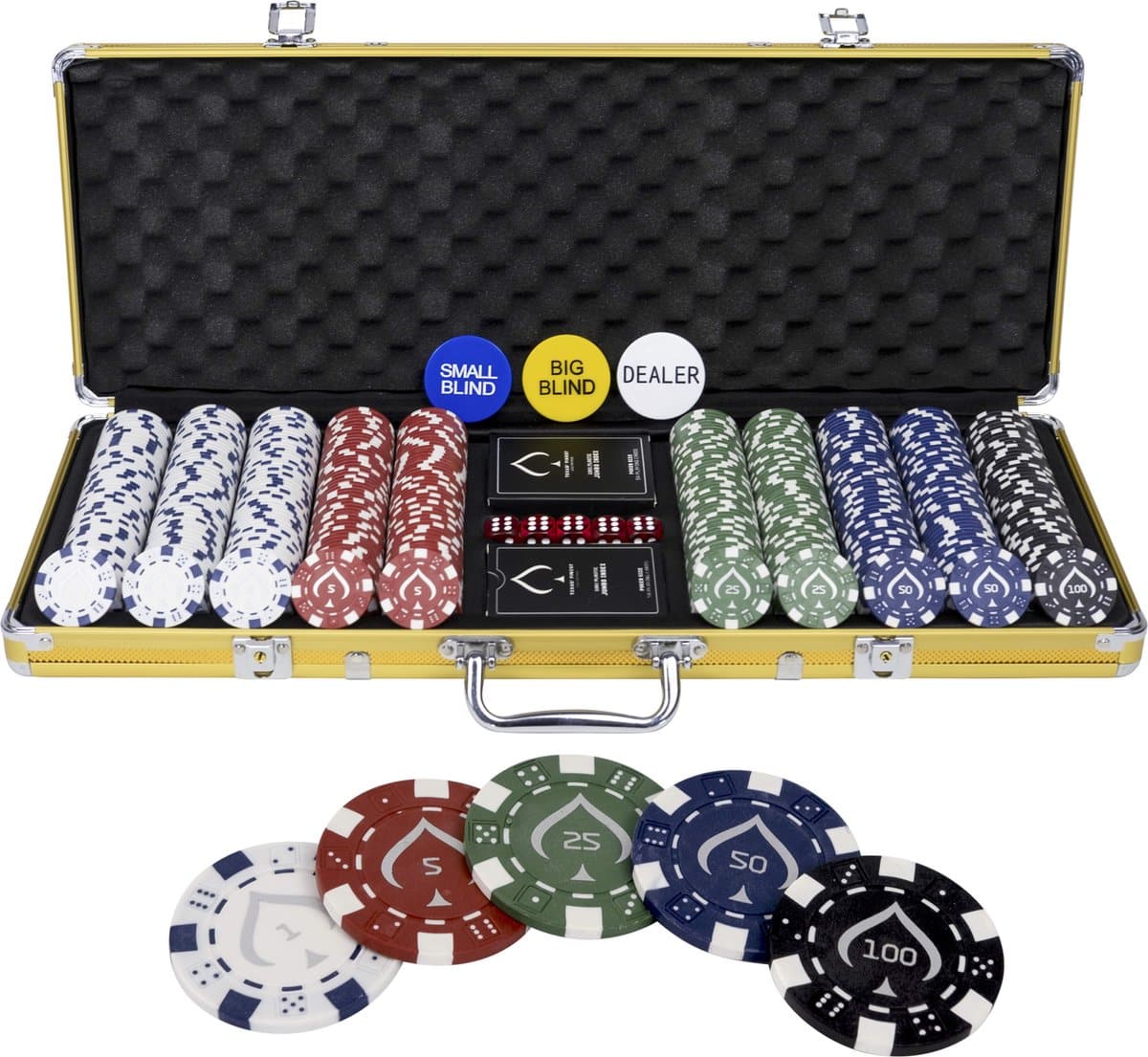 Poker set met dobbelstenen en fiches in koffer.