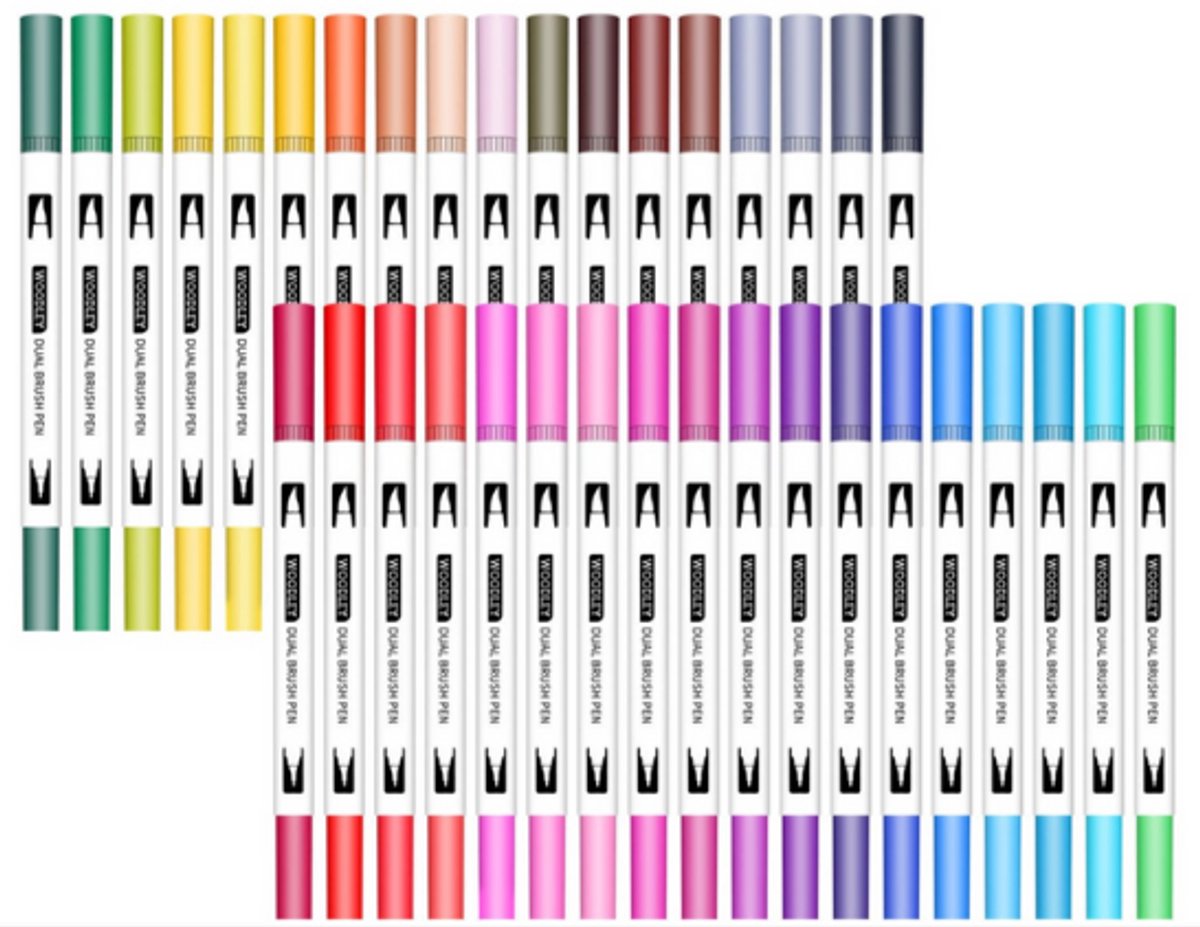 Vijfendertig gekleurde dubbele stift pennen in verschillende kleuren.