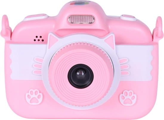 Roze camera met kattenoren en pootafdrukken.